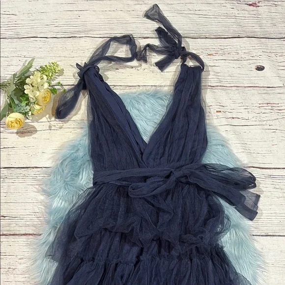 NWOT Lulus Flawless Arrival Navy Blue Tulle Tie-Strap Tiered Maxi Dress - Picture 7 of 8